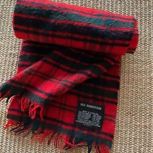 Red Robertson Scotland cashmere wool plaid scarf. 47”. Red green black.